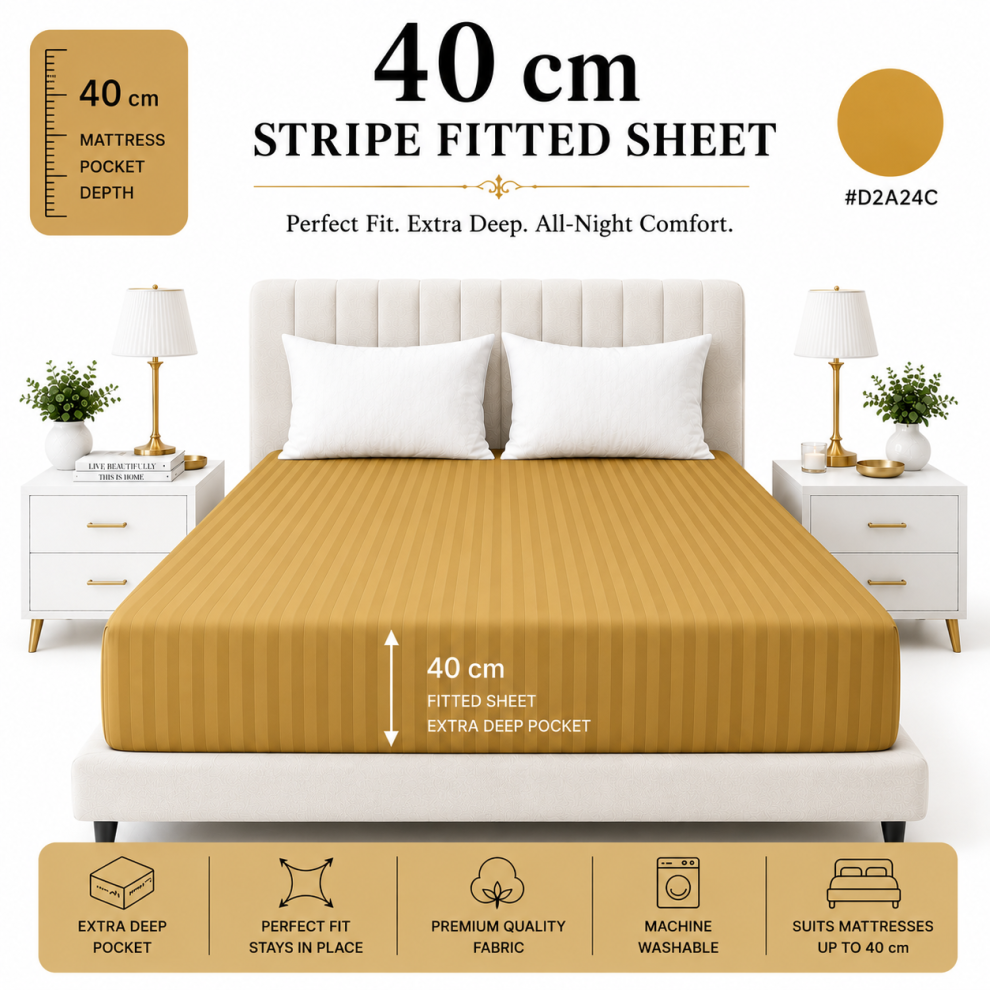 Imperial Rooms (Single, Ochre) Stripe Fitted Bed Sheet 40Cm Deep-Extra Deep Hotel Quality Fitted Sheet Uk