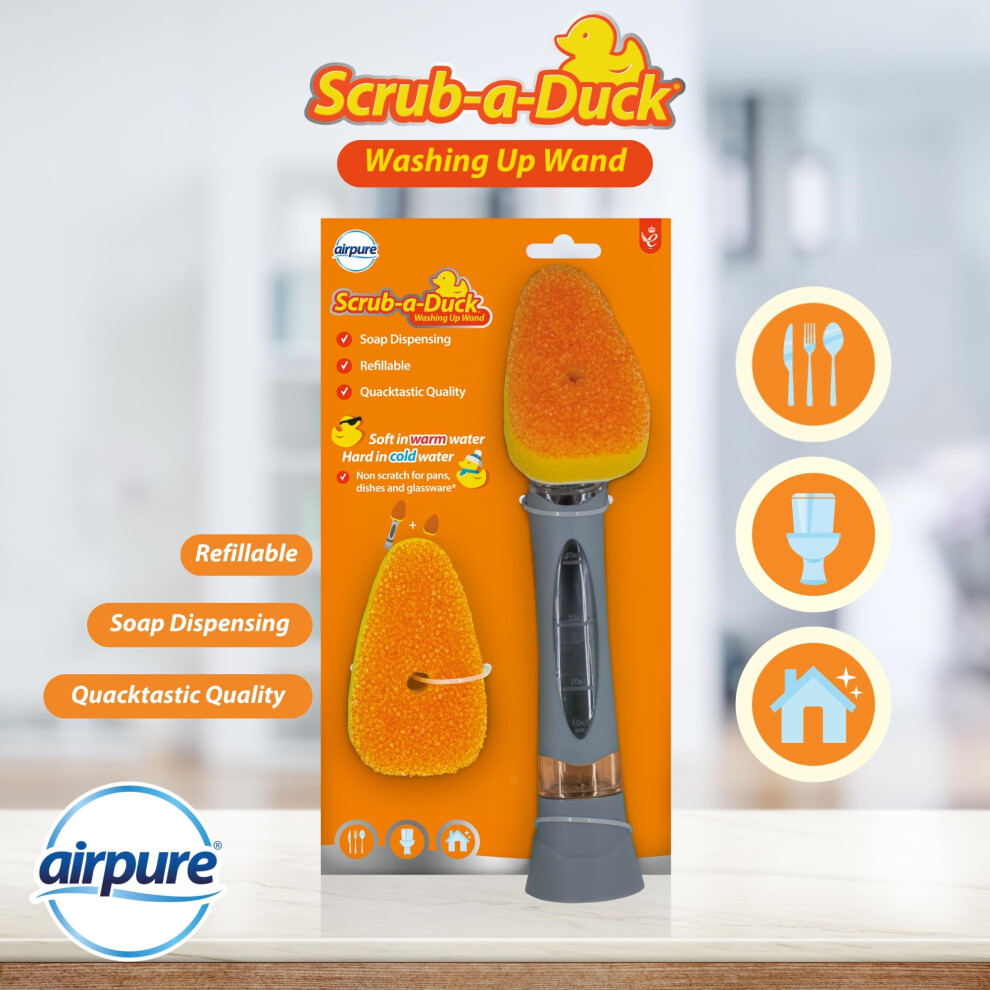 Airpure Scrubaduck Washing Up Wand Soap Dispensing Refilable Non Scratch Fo