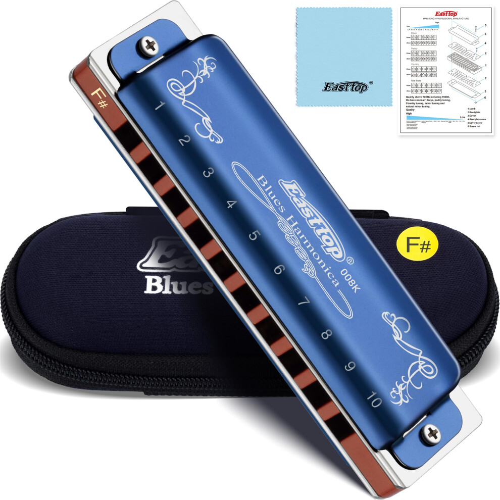 East Top 10 Holes 20 Tones 008K Diatonic Harmonica Key Of F# With Blue