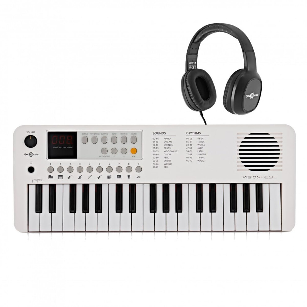 Gear4music Visionkey-1 37 Key Portable Mini Keyboard With Headphones, White
