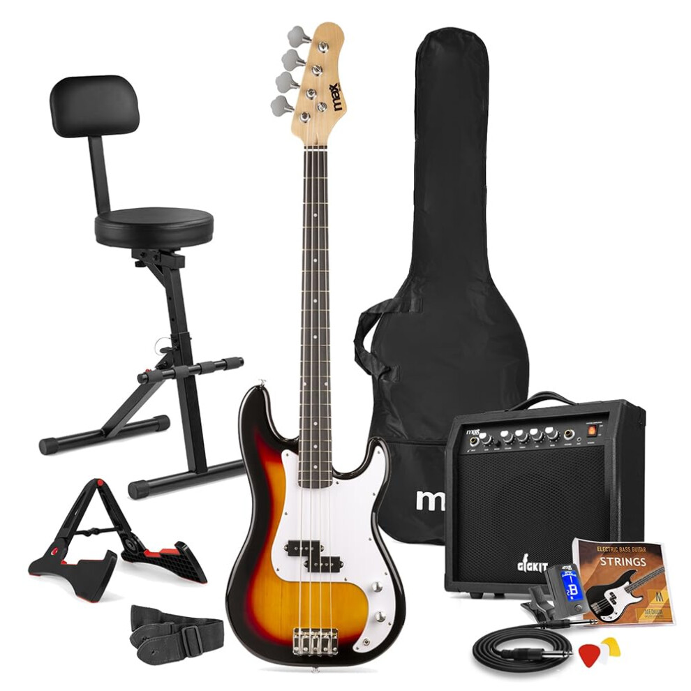 Max Gigkit Beginner Bass Guitar Bundle With Electric Sunburst Guitar,