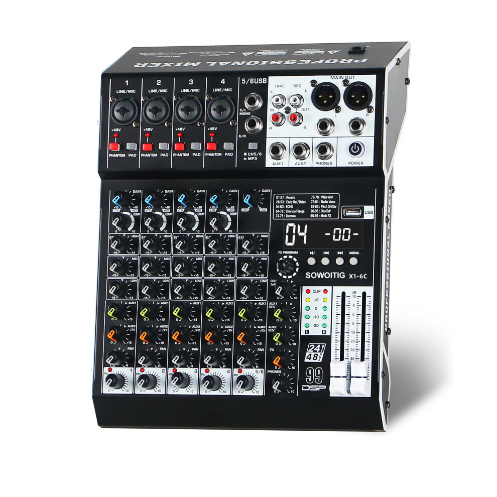 Sowoitig Audio Mixer 6 Channel Professional Sound Mixer Console With 9