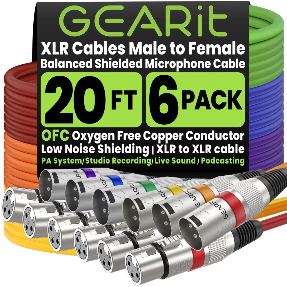Gearit 20Ft Xlr Male To Female Mic Cable - 6 Pack, Balanced Shielded,