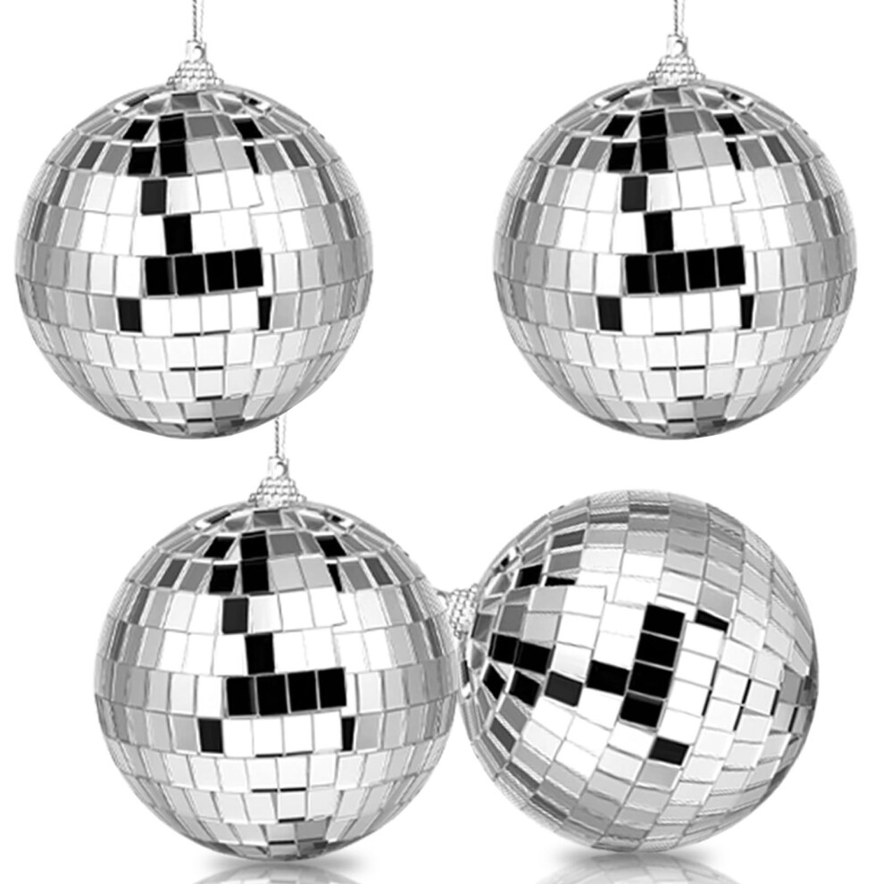 Cosoro 4Pcs 8Cm Disco Ball Decorations,Silver Glitter Balls Hanging Disco Lig