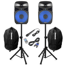 Vonyx VPS122A 12" Bluetooth Active Party Speaker Kit with Built-in Light Show, Speaker Stands and Carry Bags – Home Audio System for Medium Gatherin