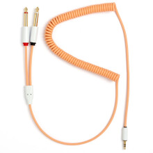 MyVolts Candycord audio cable, straight mini jack to 2 x straight large jack, curly 76cm to 100cm, Sunset Peach colour