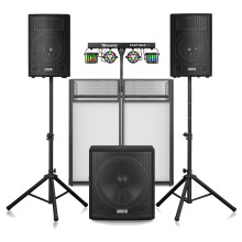 Vonyx VX1218BT DJ PA System Package with DB4 Pro DJ Booth & Plug-and-Play PartyBar2 Light, 1200W 2.1 Active Speakers, 18” Sub, Wireless Bluetooth PA