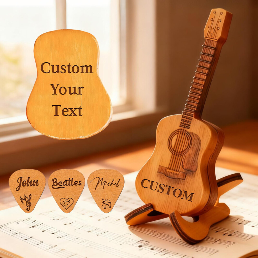 Fkf Personalised Wooden Guitar Pick Case With 3 Custom Engraved Picks - Cu