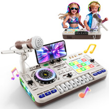 DJ Mixer Controller DJ Desk for Kids 3-10 Years, DJ Table Musical Instruments with Microphone 100+ Sound Effects Light Battery, Gift Toy for DJ Begin