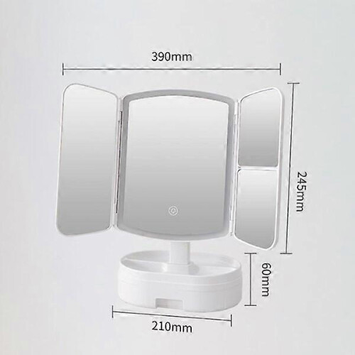 White Lighted Makeup Mirror, Touch Dimming, 1X 2X 3X Magnification, Three-Sided