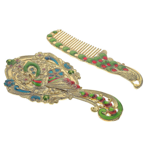 Vintage Gold Metal Makeup Mirror & Comb Set 2Pcs Handheld