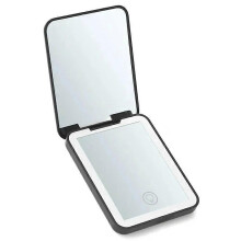 Black Compact Mini Vanity Folding Cosmetic Mirror with Lights, 2X Magnifying, Handheld Travel Makeup Mirror