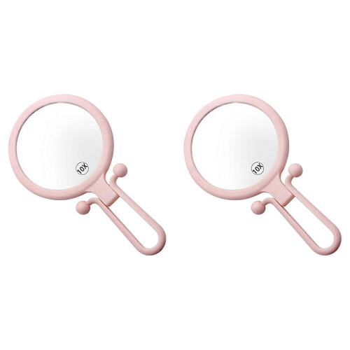 Pink 2-Pack 10X Handheld Magnifier, Double-Sided Folding Makeup Mirror with Adjustable Handle