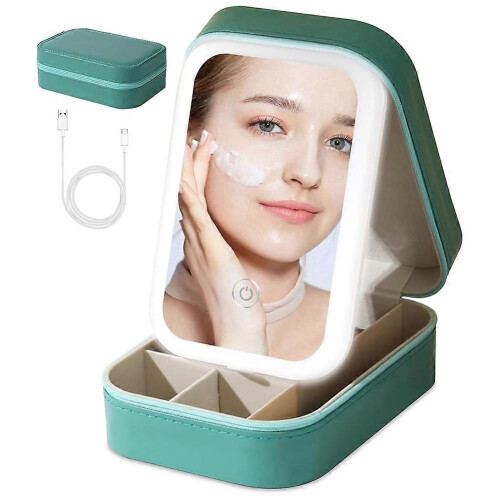 Green Mini Travel LED Makeup Mirror Case with 3 Adjustable Color Light Settings, Cosmetic Train Case