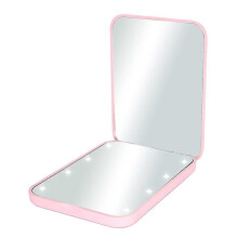 Specchietto da viaggio compatto a LED rosa per il trucco, specchio pieghevole a doppia faccia con luce integrata.
