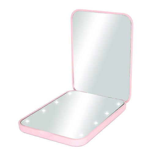 Pink LED Compact Travel Makeup Mirror, 2-Sided Folding Handheld Lighted Mirror