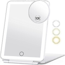 Travel Makeup Mirror 10x Magnification, 80 LEDs, 3 Color Lighting, Rechargeable 2000mAh, Ultra Slim Portable