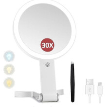 White 30X/1X Double Sided Lighted Travel Makeup Mirror with 3 Color Lighting