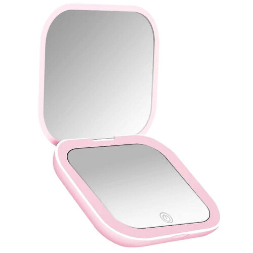 Mini specchio cosmetico compatto rosa pieghevole con luci, portatile e con ingrandimento 2X.