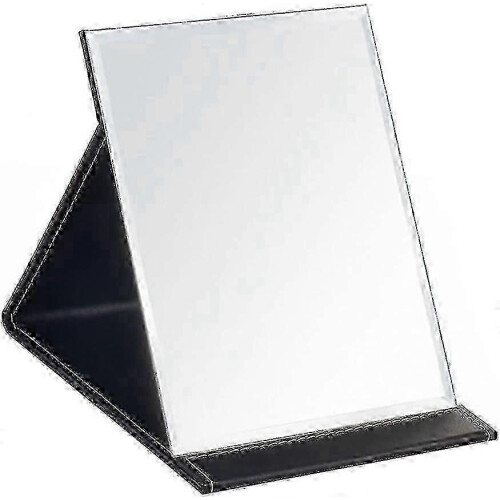 Adjustable PU Leather Travel Makeup Mirror with Folding Stand, Black