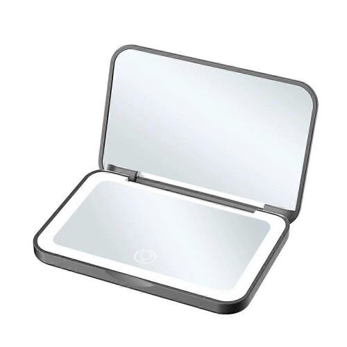 Black Compact Mini Vanity Folding Cosmetic Mirror with 3-Color LED & 2X Magnification