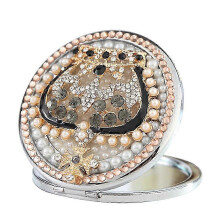 Miroir de maquillage pliable avec couronne de strass et loupe pour femmes