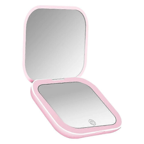 Miroir de maquillage LED pliable, rose, double face, rechargeable par USB