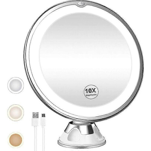 10X Magnifying Lighted Mirror – Lockable Suction Cup, Cordless & Portable (Battery)