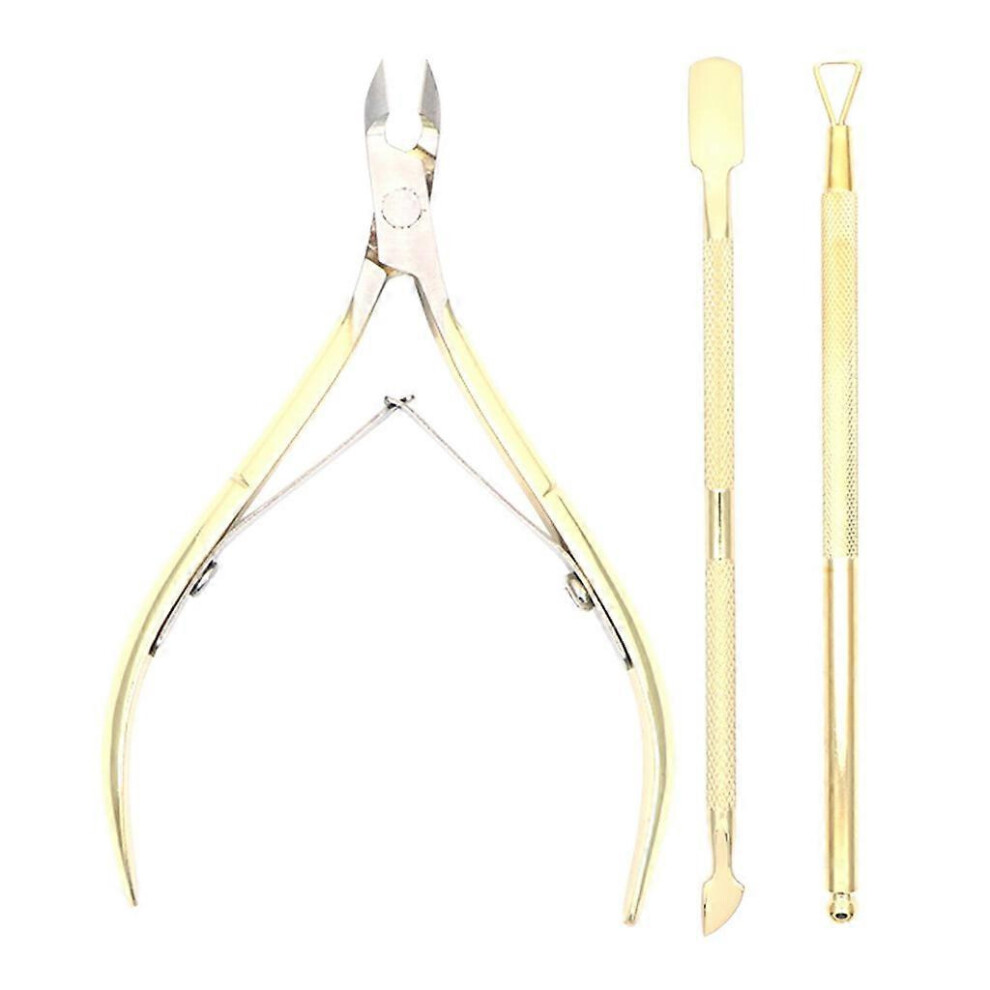 Golden 3Pcs Stainless Steel Cuticle Set with Pusher & Scissors Rainbow Nail Clipper Manicure Tools