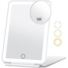 80 LED Travel Makeup Mirror, 10x Magnification, 3 Color Lighting, Rechargeable