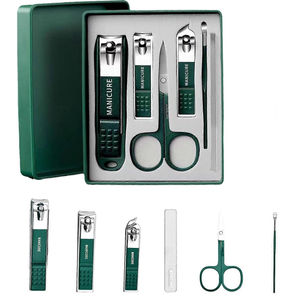 Dark Green Splash-Proof Stainless Steel 6-Piece Nail Clipper Set with Nano Glass File