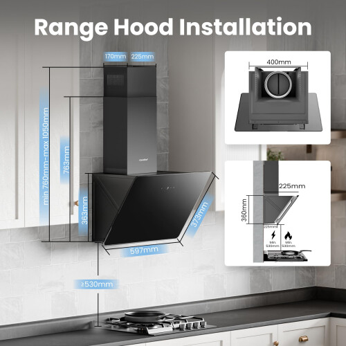 COMFEE' 60cm Angled Cooker Hood, Wall Mounted, Black 1