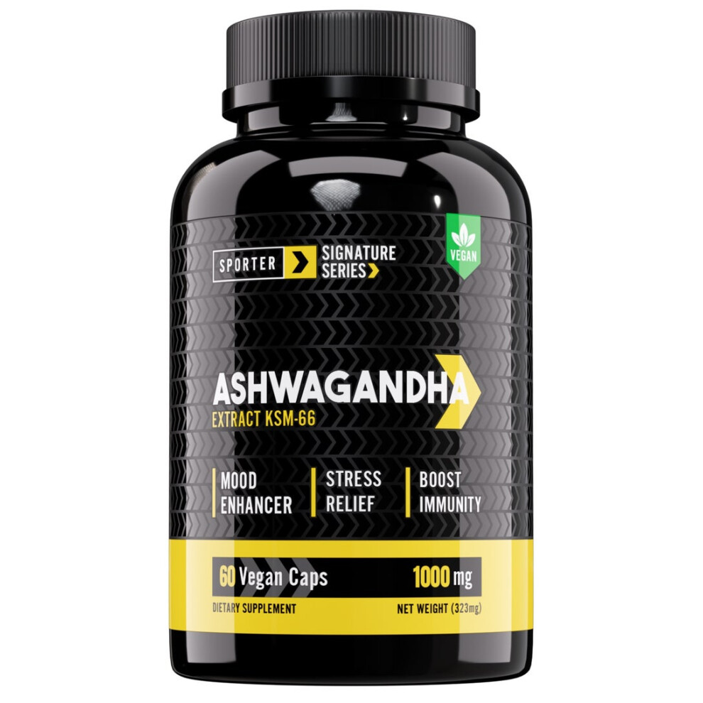 Sporter Ashwagandha KSM-66 60 Vegan Capsules - 1000mg | High Potency Stress Relief Mood & Sleep Support Boosts Immunity & Energy Plant-Based