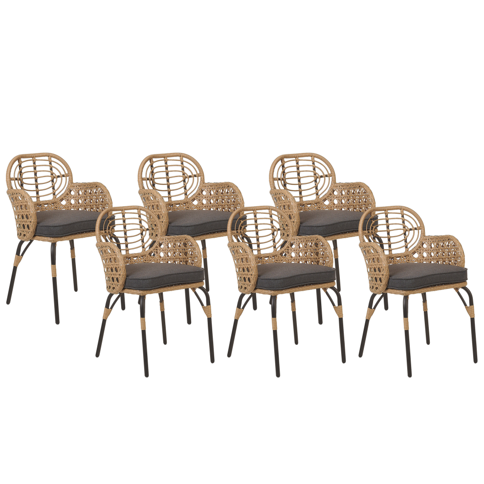 Beliani Set Of 6 Garden Chairs With Cushions Pratello Pe Rattan Natural