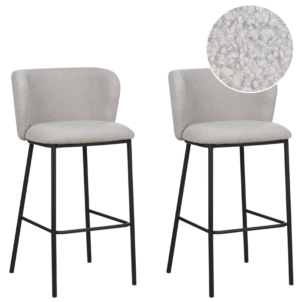 Beliani Set Of 2 Bar Chairs Mina Boucle Light Grey