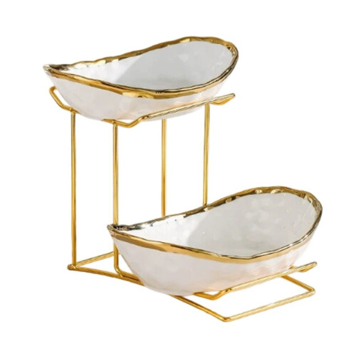 1set Double Layered Ceramic Fruit Bowl, Kitchen Countertop with Metal Frame, Ceramic Fruit Basket Holder