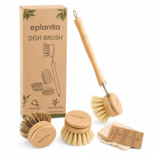 eplanita Natural Dish Brush, 3 Replacement Heads, Kitchen Eco Bamboo Scrubber Brushes, Extra Plant Sponge, Plastic Free Washing Up, Zero Waste Cleani