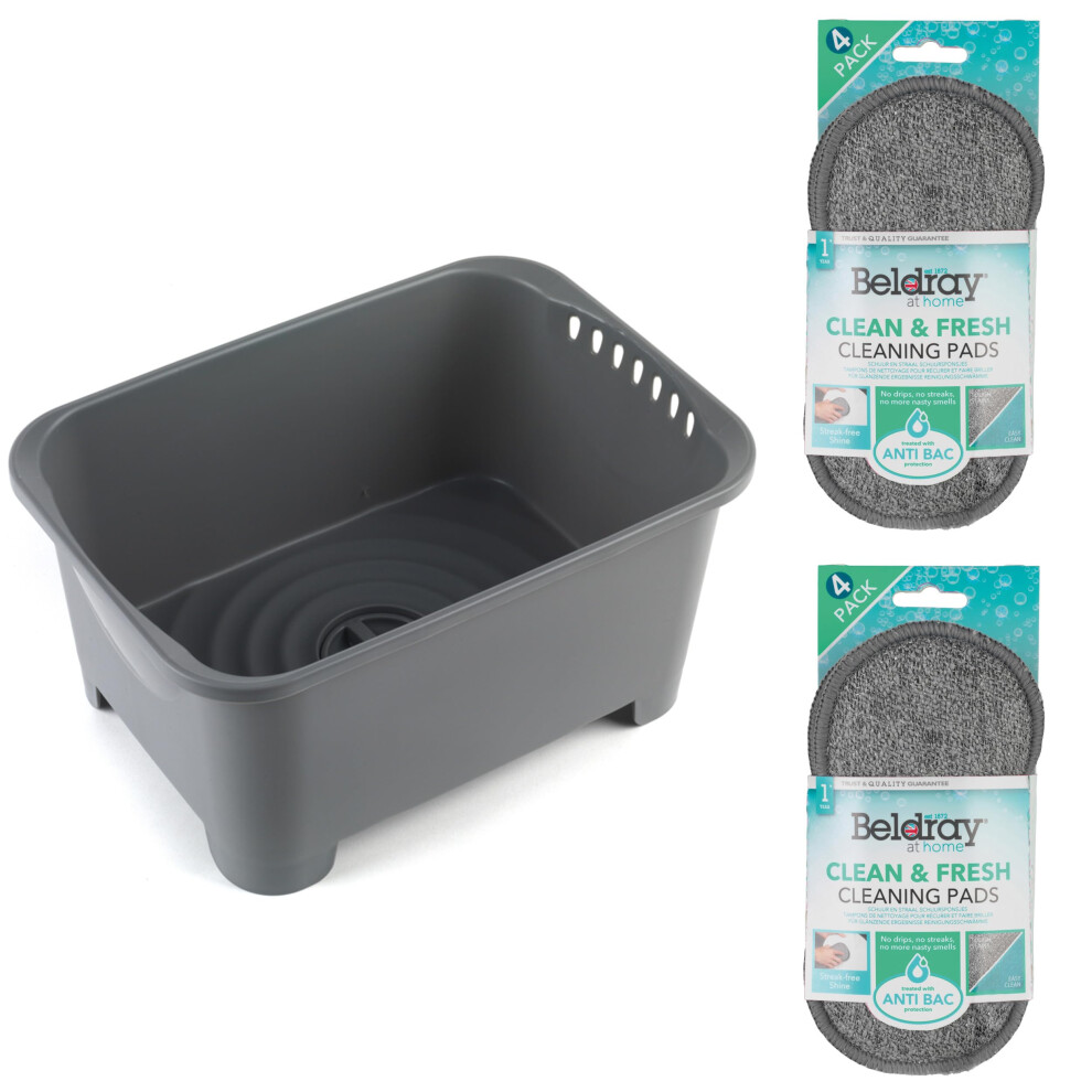 Beldray Washing Up Bowl & Cleaning Pads - Wash & Drain, Integrated Drainer Plug, 8 Litre, Ideal For Home, Camping, Caravans, Compact, Set Of 4 Reusab