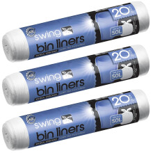 Extra Swing Bin Liners w/ Tie Handles 3 Rolls x 20 Bags 50l Plastic