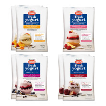 EasiYo Yogurt 7 Sachet Pack | EasiYo Greek Style Mixed Pack | Greek Style 2 x Blueberry & Blackcurrant 2 x Peach and Apricot 2x Vanilla & Plum 1x Ras
