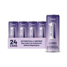 One Living Plus Focus Kombucha Drink - Blackberry and Elderberry 24x 250ml Cans - Authentically Brewed Kombucha with Live Cultures - Added Panax Gins