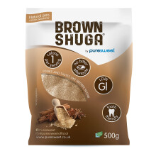 Brown Shuga by Puresweet 500g, Natural Brown Sugar Alternative, No Bitter Aftertaste, Keto and Diabetic Friendly, Non GMO, Vegan, With Stevia.