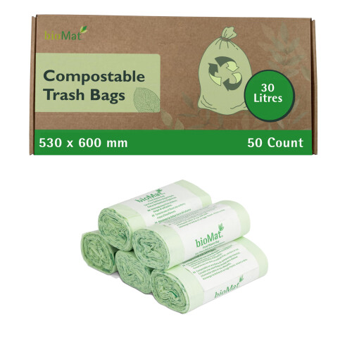 bioMat Compostable 30 Litre Kitchen Caddy Liners, 50 Refuse Sacks, EN