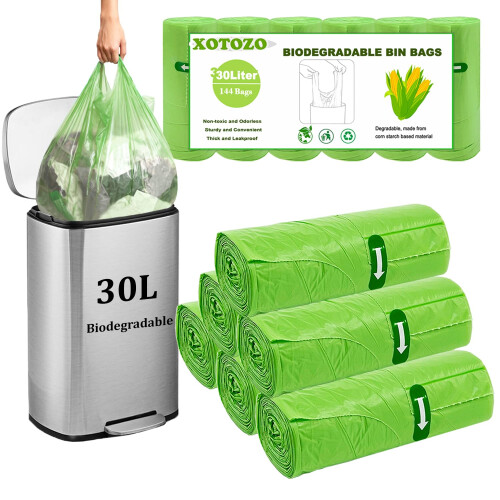 30l Biodegradable Bin Liners 144pcs Tie Handle, 8Gallon/30 Litre Food
