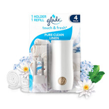 Glade Touch & Fresh Air Freshener Spray, Touch Activated Odour Eliminator for Bathroom & Home, Clean Linen, Pack of 4 Starter Kits, (4 x Holder and 4