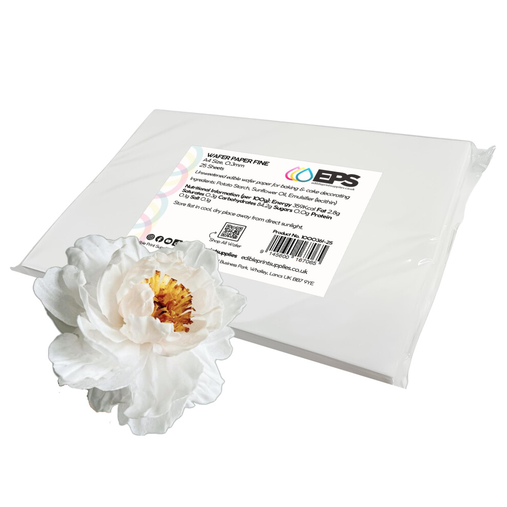 Edible Print Supplies Eps A4 Edible Wafer Paper Fine - 25 Pack - 0.3Mm - For Wafer Paper Flowers, Edible Printing, Cake Decorating And Burn Away Cakes