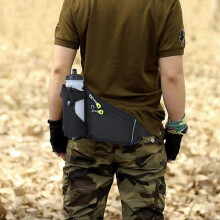 Black waist bag with water bottle holder, fits phones up to 6.5", for running/cycling/hiking