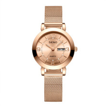 (Rose gold gold surface) Women Imitation Automatic Quartz Watch Luminous Waterproof Dual Calendar Wristwatch