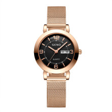 (Rose gold black surface) Women Imitation Automatic Quartz Watch Luminous Waterproof Dual Calendar Wristwatch