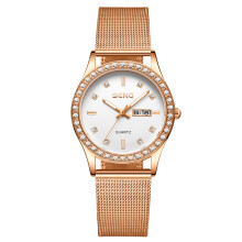 (Rose gold white surface) Mesh Band Ladies Quartz Watch Diamond Inlay Dual Calendar Waterproof Luminous Wristwatch